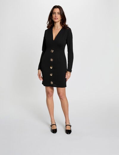 Robe courte ajustée col v noir femme
