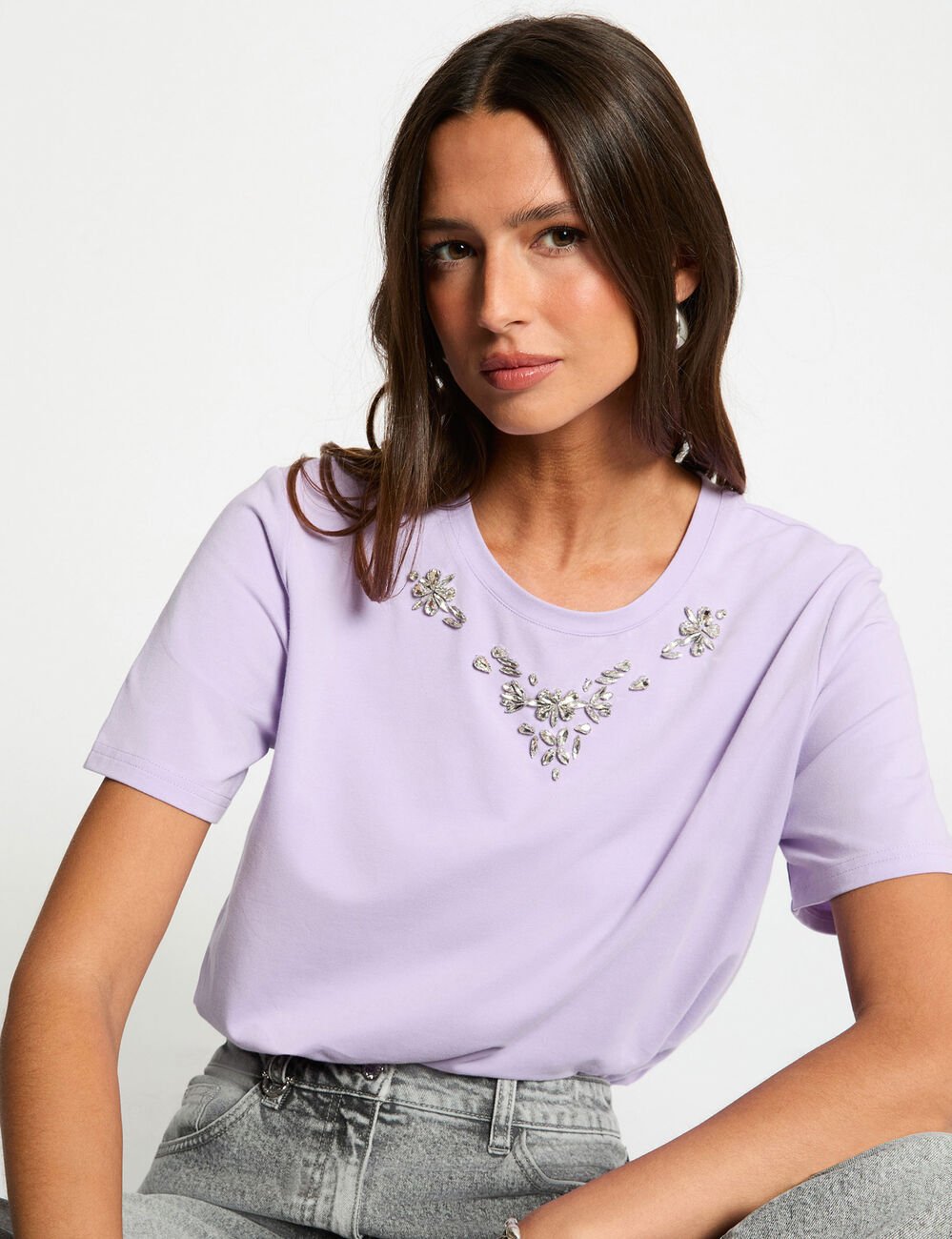 T-shirt met strass en korte mouwen mauve vrouw