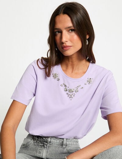 T-shirt met strass en korte mouwen mauve vrouw