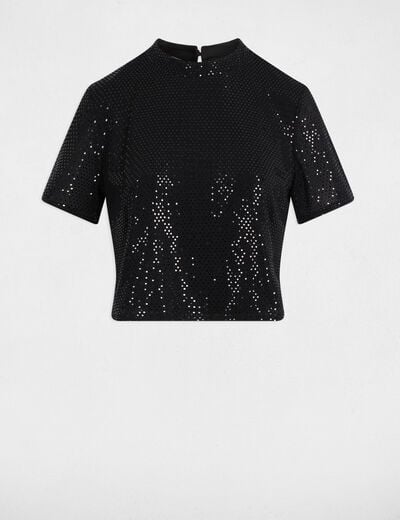 T-shirt sequins col montant noir femme