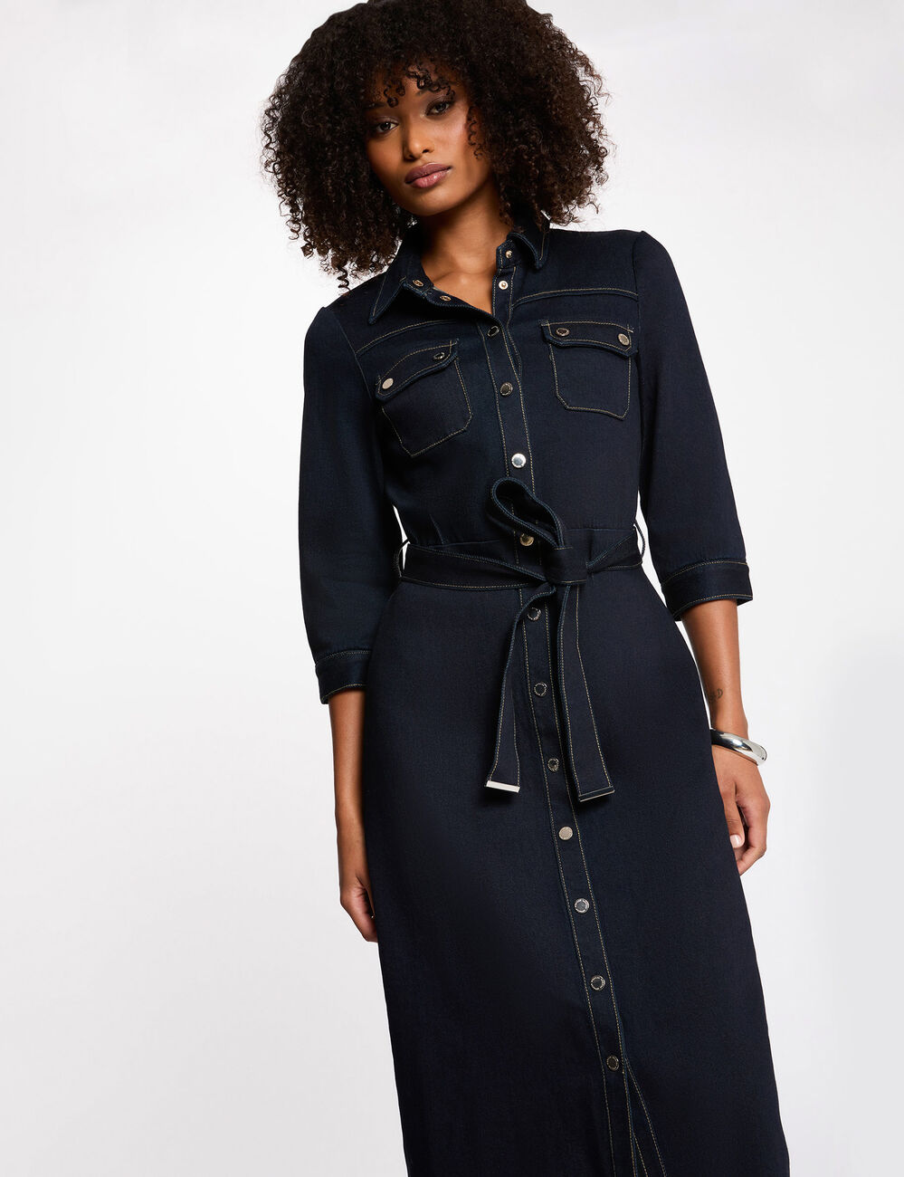 3/4 jurk met knopen ruw denim vrouw