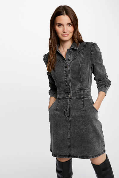Robe trapèze boutonnée en jean gris moyen femme