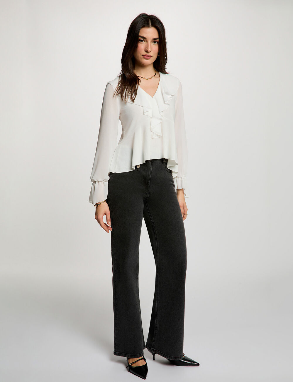 Top met V-hals van voile helder wit vrouw