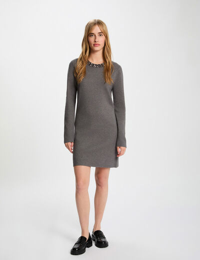 Robe tricot col rond gris fonc&eacute; femme