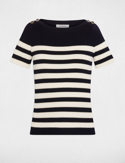 Pull col rond &agrave; rayures bleu marine femme