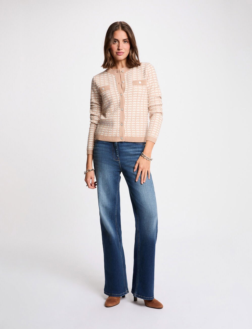 Getailleerd jacquardvest taupe vrouw