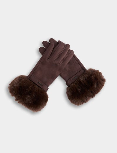 Gants d&eacute;tails fourrure marron fonc&eacute; femme