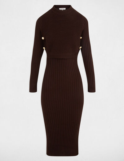 Robe tricot cintr&eacute;e manches longues marron fonc&eacute; femme