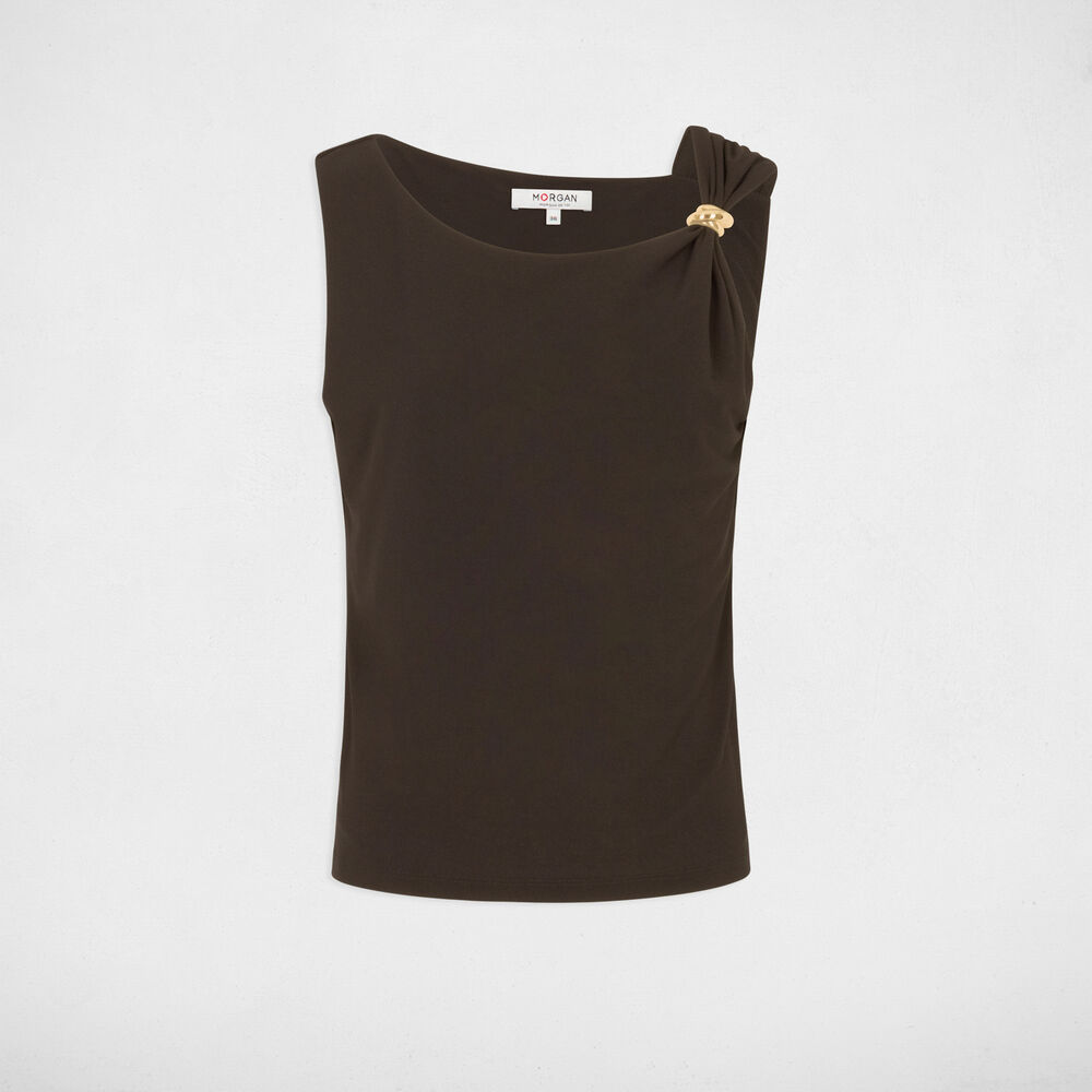 Asymmetrisch T-shirt met sieraad donker bruin vrouw