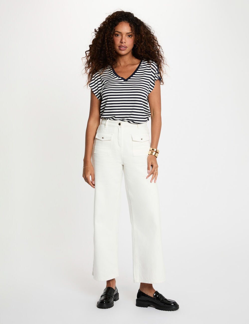 Gestreept V-hals T-shirt marineblauw vrouw