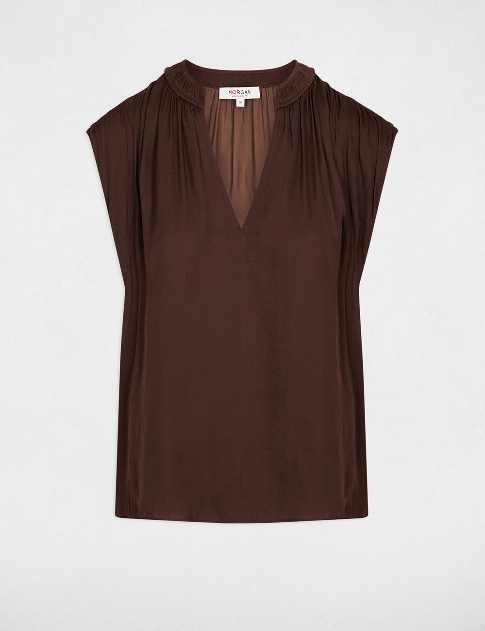 Blouse manches courtes satin marron fonc&eacute; femme