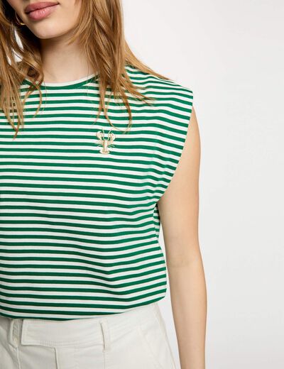 Gestreept geborduurd T-shirt weide groen vrouw