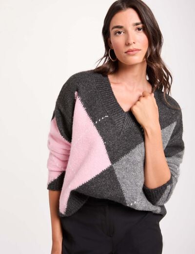 Jacquard trui met V-hals donkergrijs vrouw