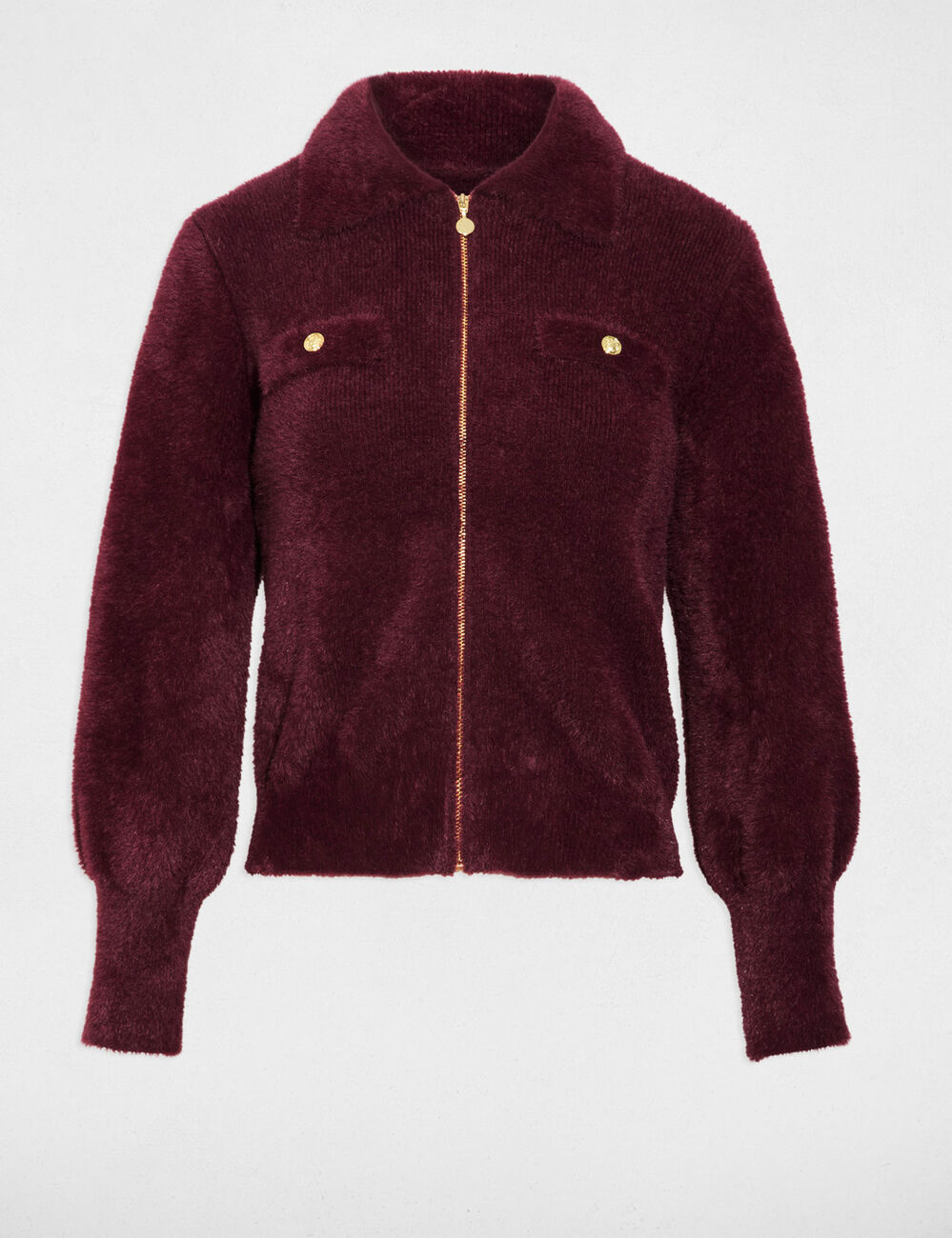 Gilet manches longues col à revers prune femme