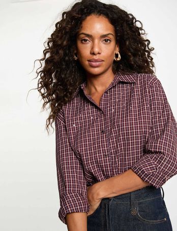 Chemise &agrave; carreaux strass bordeaux femme