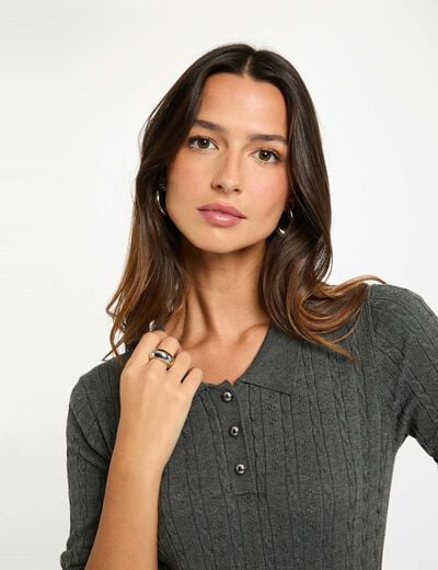 Pull ajusté col polo gris foncé femme