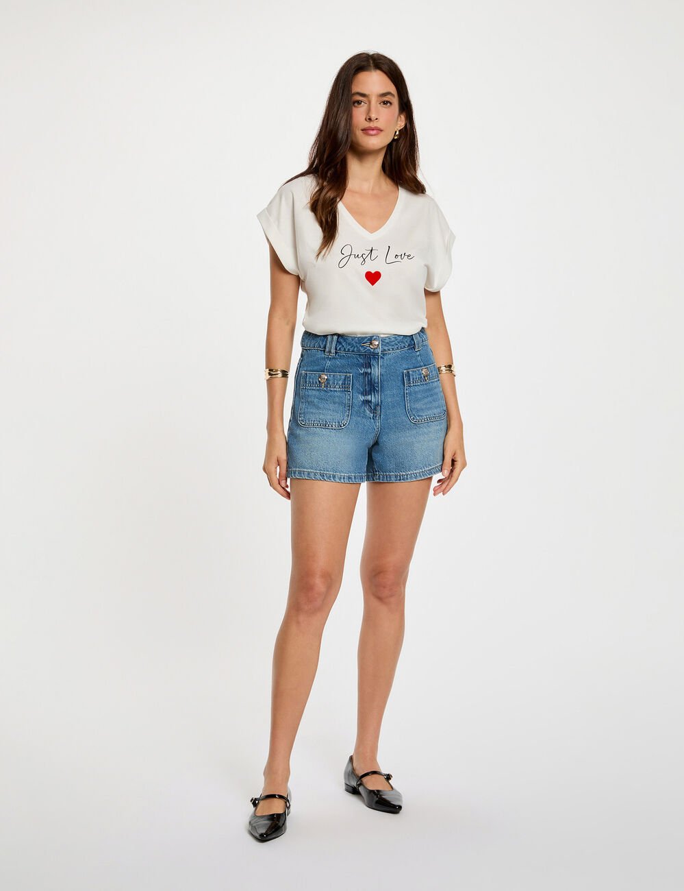 T-shirt court col v blanc femme