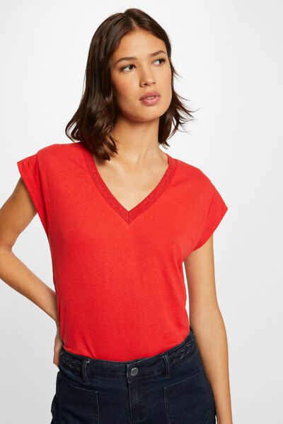 T-shirt manches courtes à col en V rouge femme