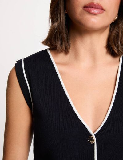 Pull sans manches col v bleu marine femme
