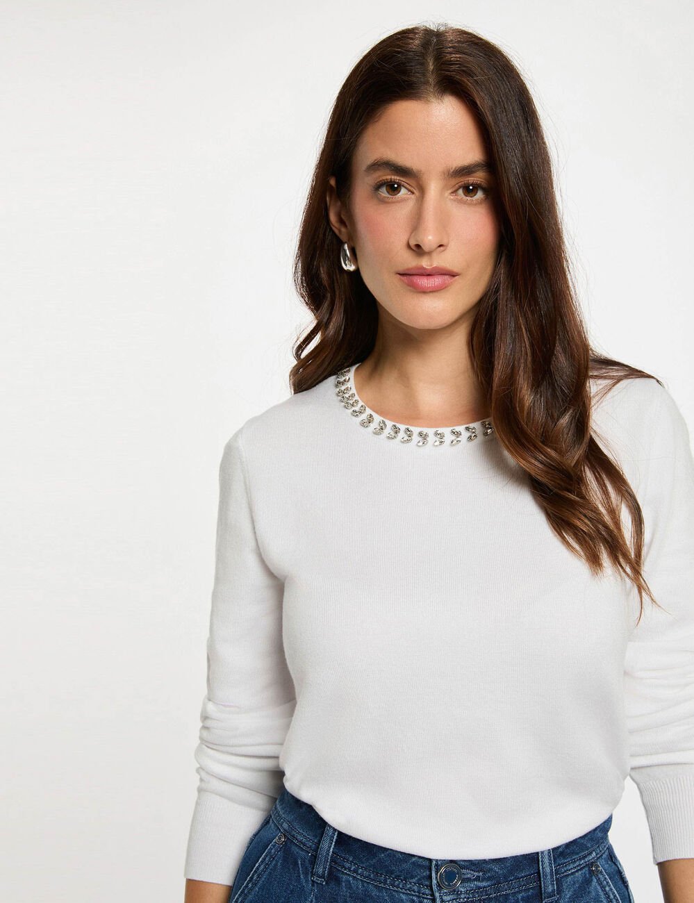 Pull ajusté strass blanc femme