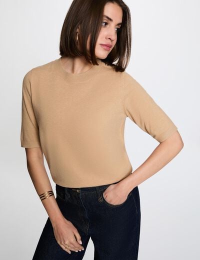 Trui ronde hals korte mouwen beige vrouw