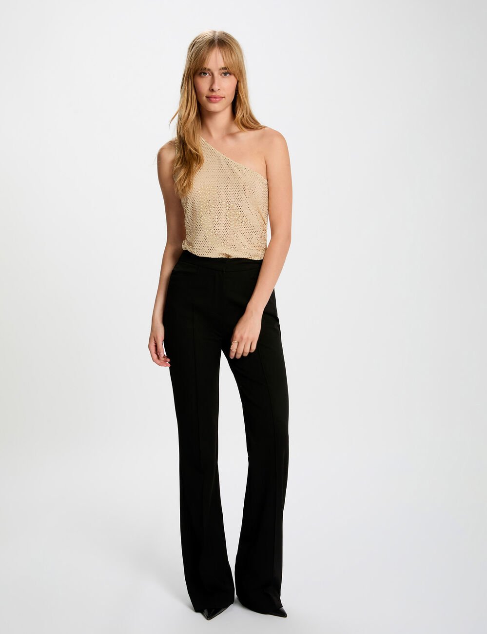 Top asymétrique strass couleur argent femme