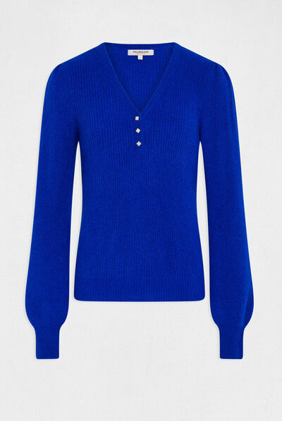 Trui met lange mouwen en V-hals bleu electrique vrouw