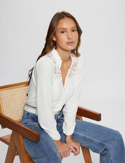 T-shirt met lange mouwen ivoor vrouw