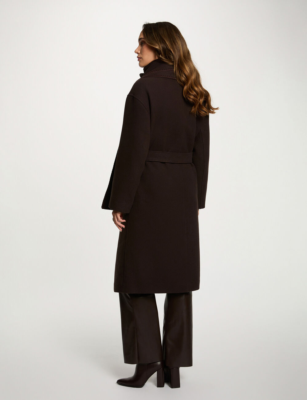 Manteau long col montant marron foncé femme