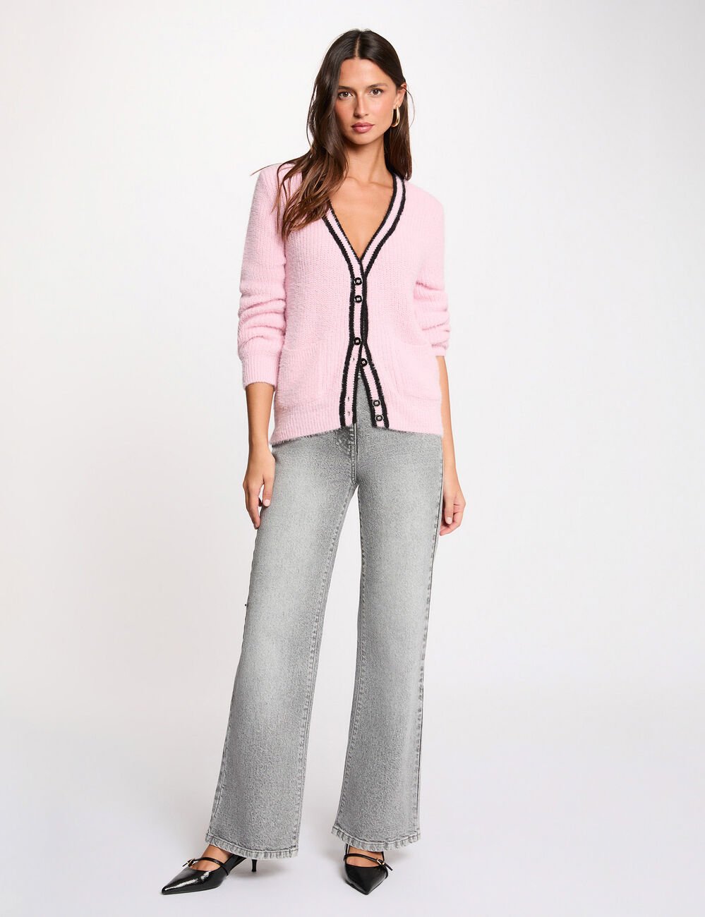 Gilet droit col v rose femme