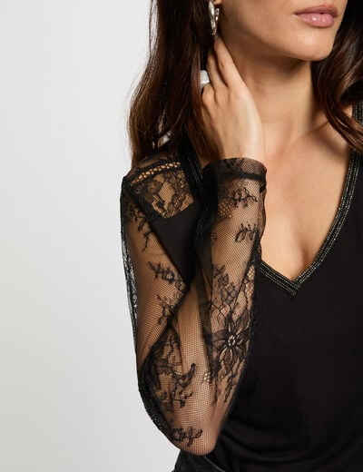 Kanten V-hals T-shirt zwart vrouw