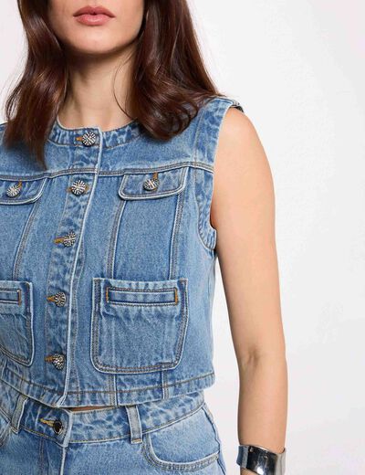 Veste jean sans manches denim stone femme