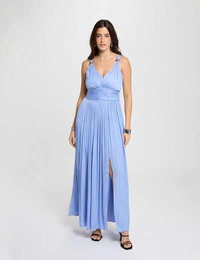 Robe longue col v bleu femme