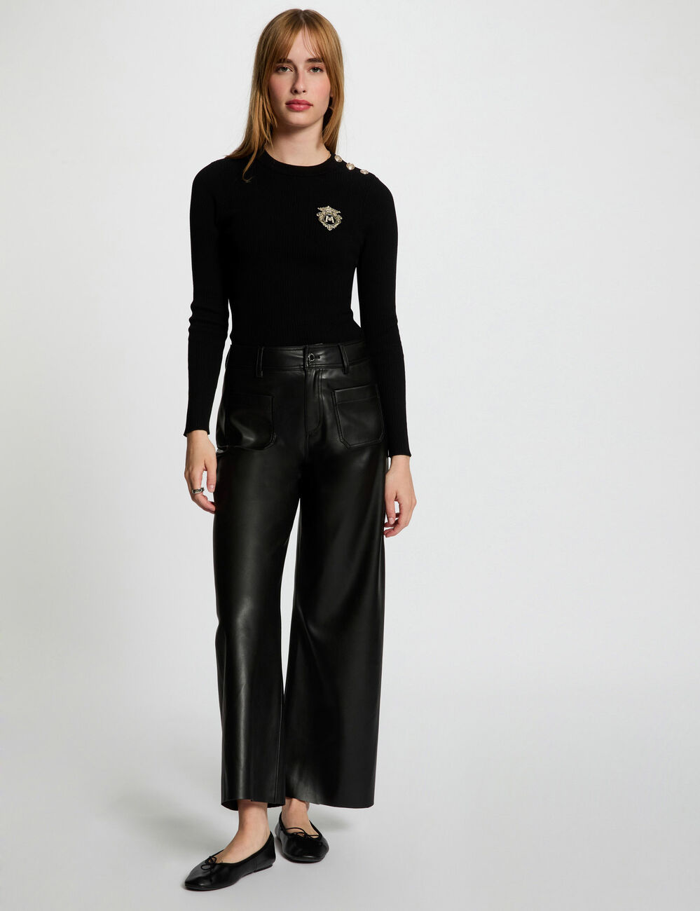 Pull col rond côtelé noir femme