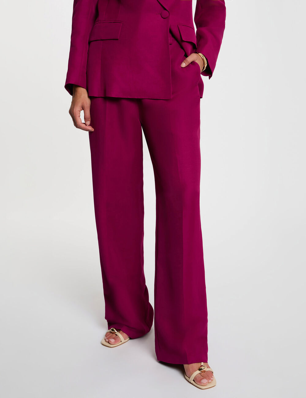 Pantalon large taille haute prune femme