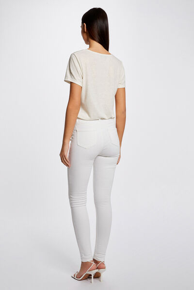 T-shirt manches courtes col en V ecru femme