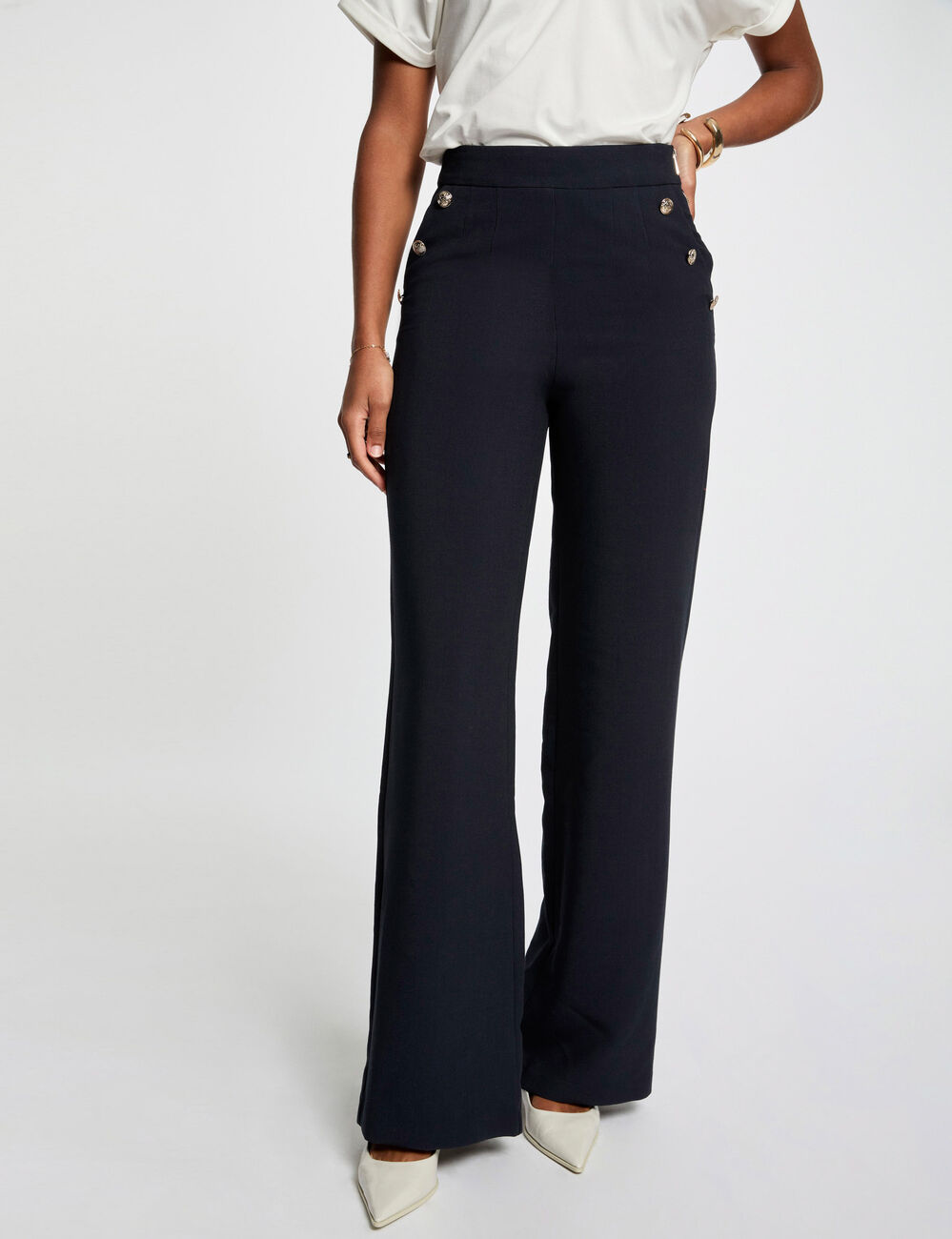 Wijde broek met knopen marineblauw vrouw