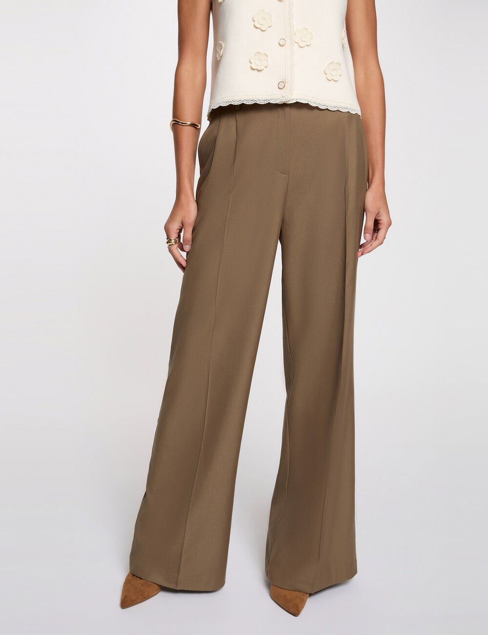 Pantalon large &agrave; plis vert kaki femme