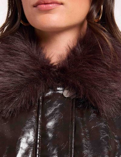 Blouson col fourrure marron fonc&eacute; femme