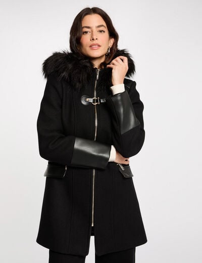 Manteau droit zippé à capuche noir femme