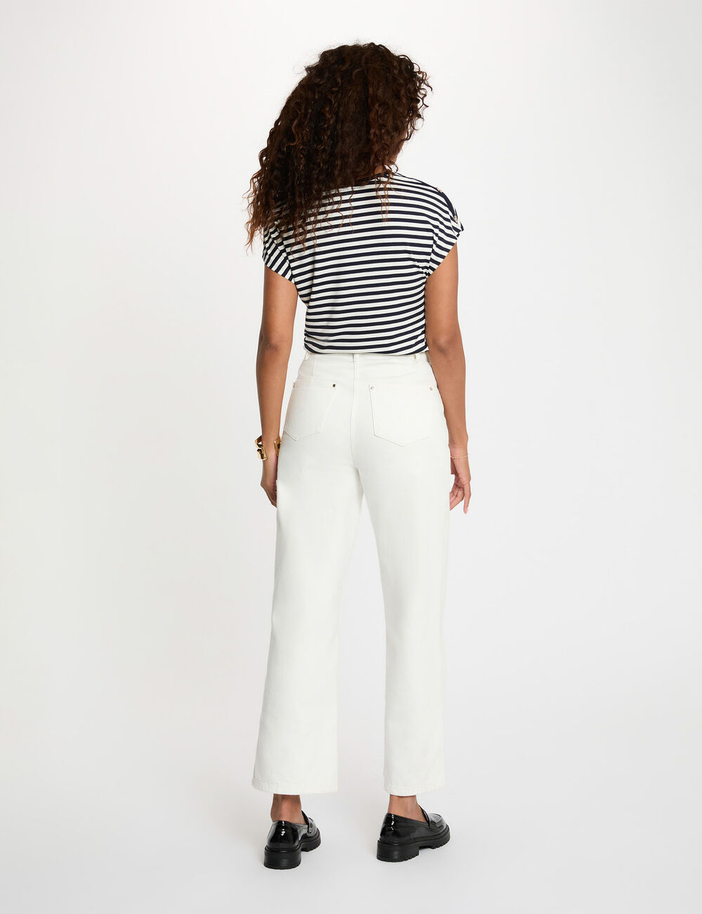 Gestreept V-hals T-shirt marineblauw vrouw