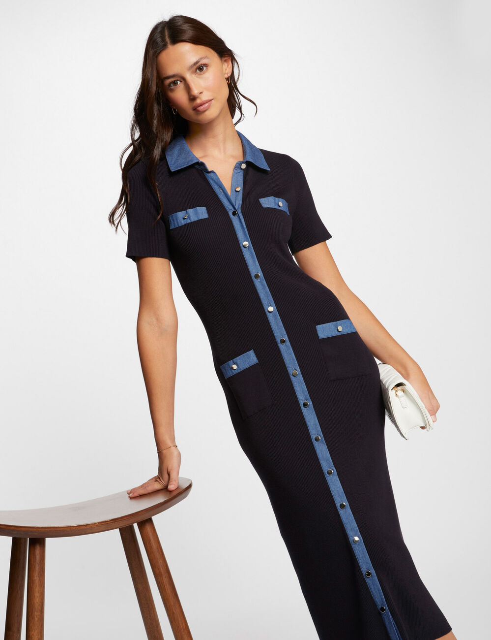 Getailleerde gebreide midi-jurk marineblauw vrouw