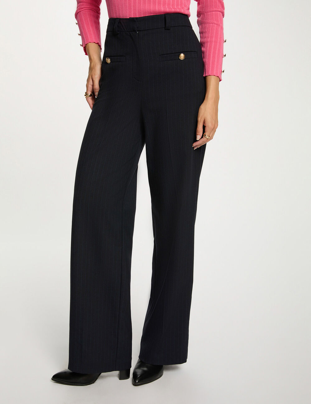 Pantalon droit taille haute bleu marine femme