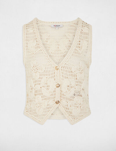 Mouwloos vest met V-hals ivoor vrouw