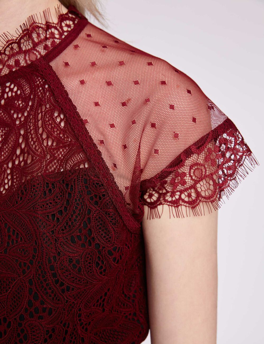 Blouse manches courtes dentelle plumetis bordeaux femme