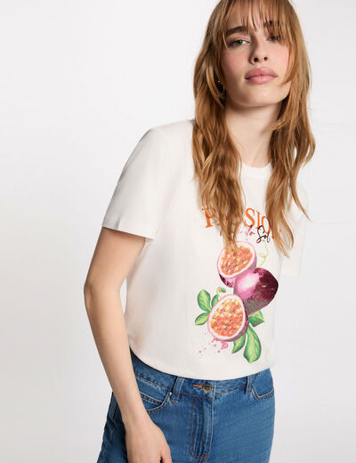 T-shirt imprim&eacute; col rond blanc femme