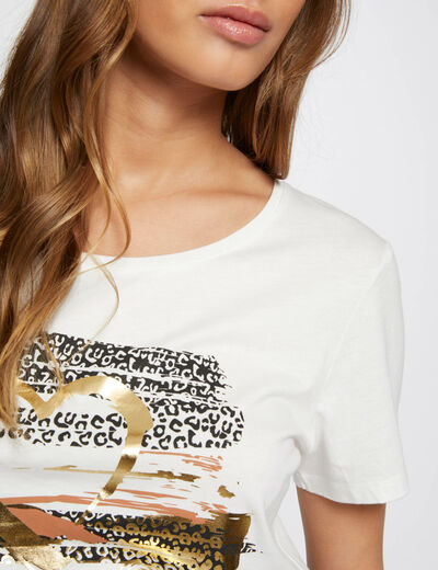 T-shirt met opschrift en -print ecru vrouw