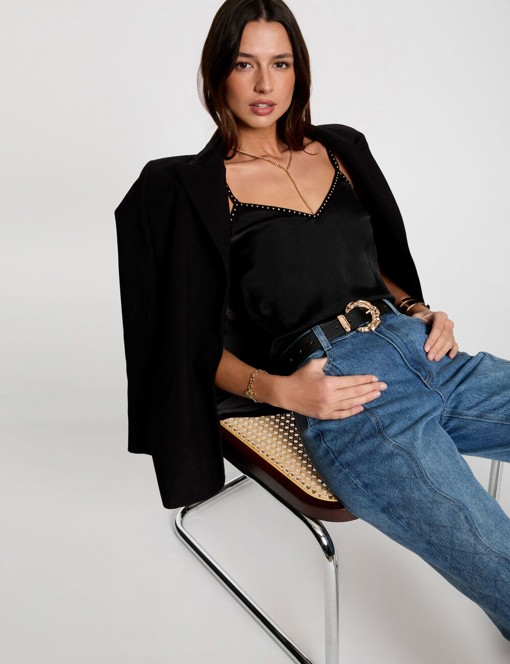 Top met fijne bandjes en studs zwart vrouw