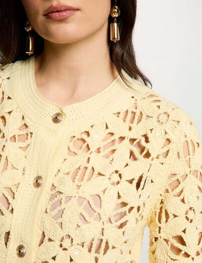 Gilet ajour&eacute; col rond jaune pastel femme
