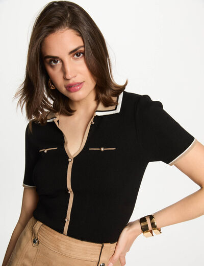 Pull col polo manches courtes noir femme